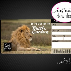 Printable BUSCH GARDENS Surprise Trip Tickets. Vacation Ticket. Mock ...