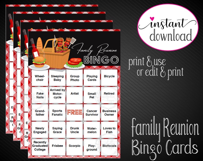 printable family reunion bingo game 40 print ready or etsy
