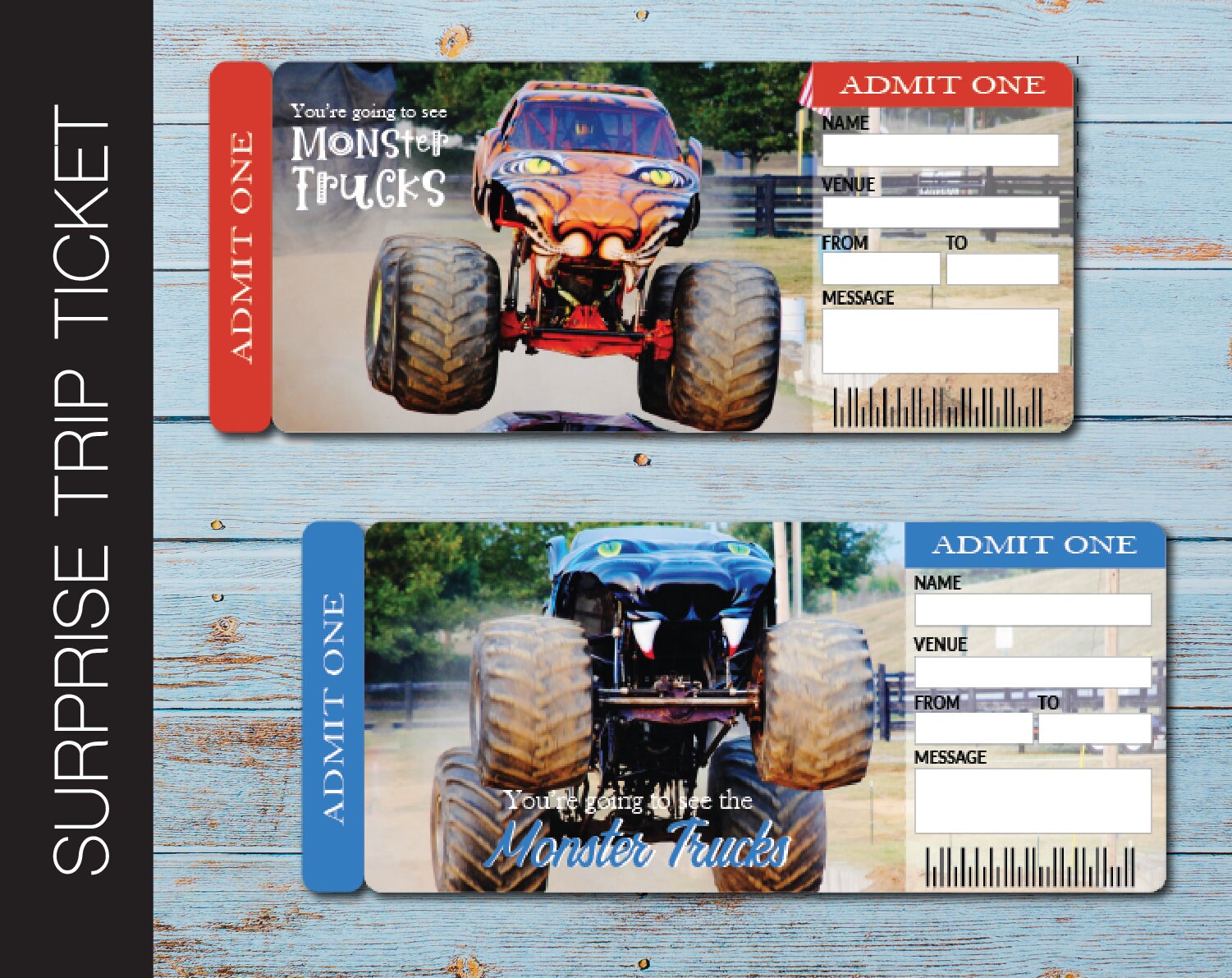 Printable MONSTER TRUCKS Surprise Trip Tickets. Vacation Etsy España