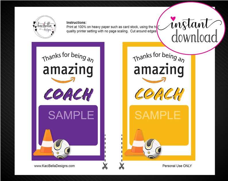 Printable SOCCER COACH Appreciation Amazon Gift Card Holder. 6 Etsy