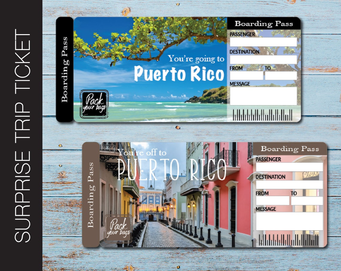 Printable PUERTO RICO Surprise Trip Gift Ticket. Boarding Etsy