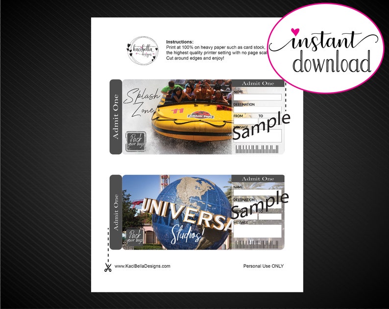 printable universal studios surprise trip tickets vacation etsy