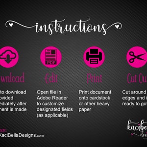 Puede incluir: Instrucciones para una descarga PDF imprimible. Los pasos incluyen descargar, editar, imprimir y recortar el dise&ntilde;o. El texto incluye la direcci&oacute;n del sitio web www.KaciBellaDesigns.com.