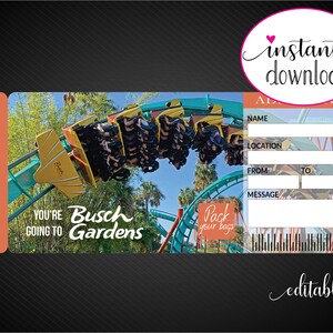 Printable BUSCH GARDENS Surprise Trip Tickets. Vacation Ticket. Mock ...