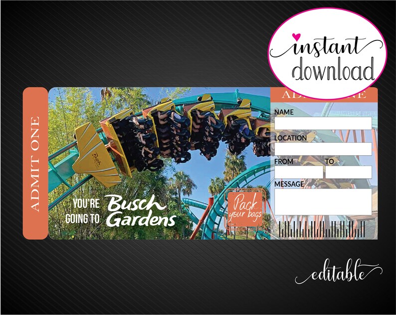 Printable BUSCH GARDENS Surprise Trip Tickets. Vacation Ticket. Mock ...