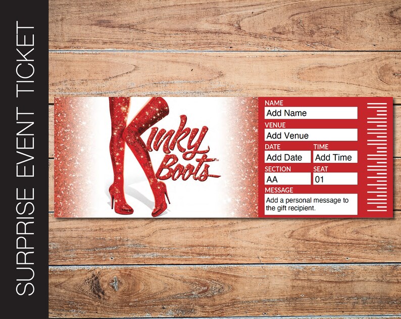 Printable KINKY BOOTS Broadway Surprise Ticket. Editable Musical ...