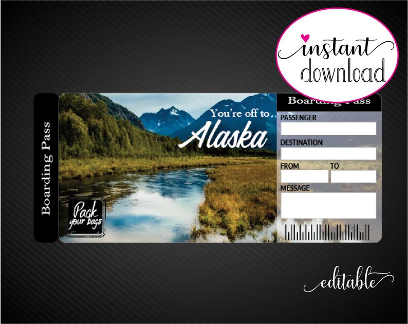 Printable ALASKA Surprise Trip Gift Ticket. Boarding Pass. Etsy