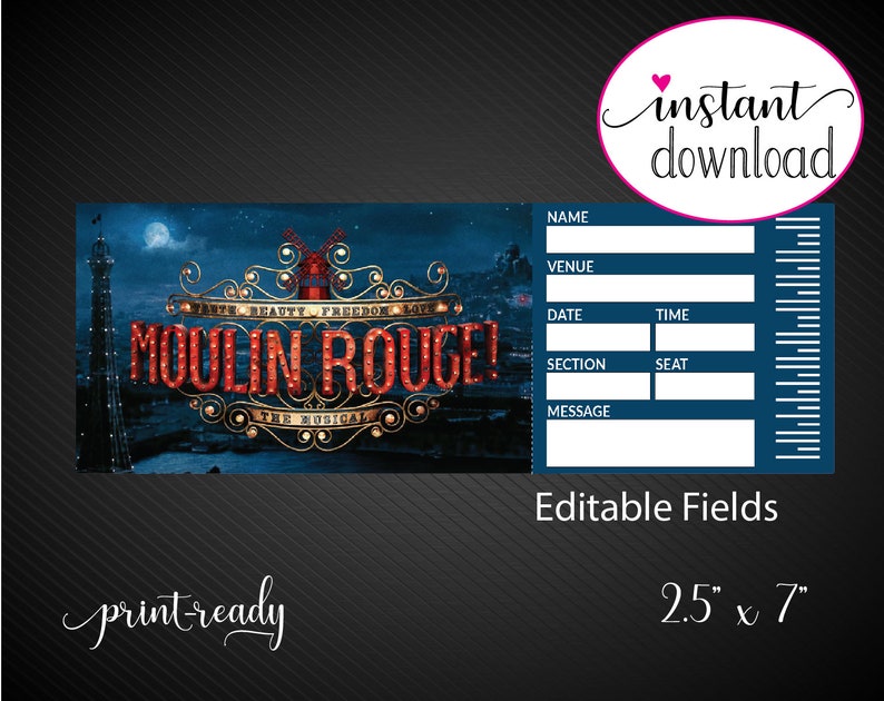 Printable MOULIN ROUGE Broadway Surprise Ticket. Editable Etsy