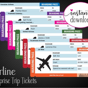 Printable AIRLINE Surprise Trip Gift Ticket. Six Colors. Boarding Pass ...