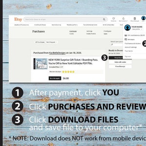 Puede incluir: Una captura de pantalla de una p&aacute;gina de confirmaci&oacute;n de compra de Etsy que muestra una descarga digital de un boleto de regalo sorpresa de Nueva York/pase de embarque imprimible. El texto "You're Off to New York! Editable PDF File." es visible en la p&aacute;gina. La p&aacute;gina tambi&eacute;n muestra una calificaci&oacute;n de cinco estrellas y un precio de $6.00. La imagen incluye instrucciones sobre c&oacute;mo descargar el archivo despu&eacute;s del pago.