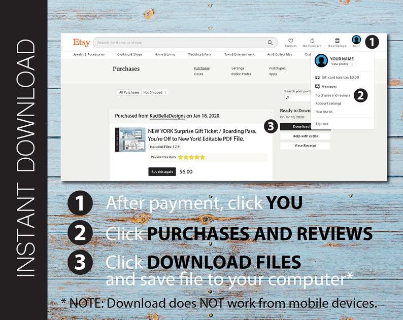 Puede incluir: Una captura de pantalla de una p&aacute;gina de confirmaci&oacute;n de compra de Etsy que muestra una descarga digital de un boleto de regalo sorpresa de Nueva York/pase de embarque imprimible. El texto "You're Off to New York! Editable PDF File." es visible en la p&aacute;gina. La p&aacute;gina tambi&eacute;n muestra una calificaci&oacute;n de cinco estrellas y un precio de $6.00. La imagen incluye instrucciones sobre c&oacute;mo descargar el archivo despu&eacute;s del pago.