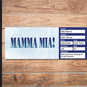 Printable MAMA MIA Broadway Surprise Ticket. Editable Musical Theatre Faux Event Admission Souvenir Keepsake. PdF Instant Digital Download.