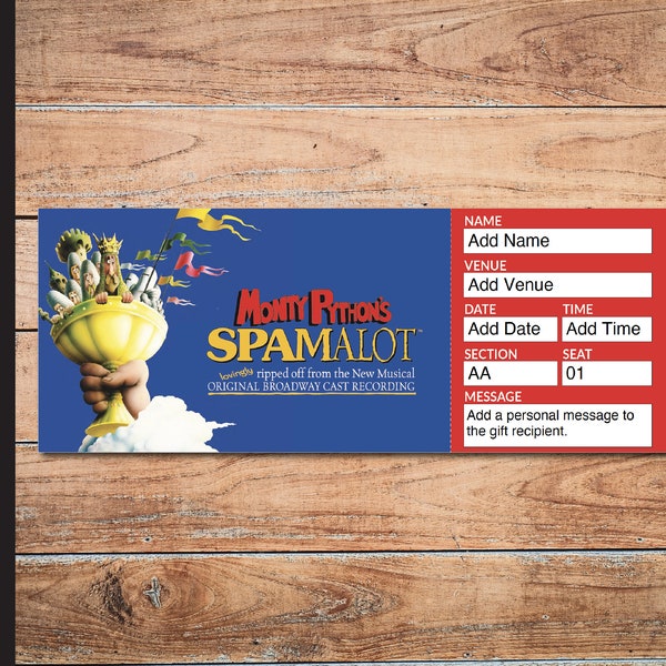 Printable SPAMALOT Broadway Surprise Ticket. Editable Musical Theatre Faux Event Admission Souvenir Keepsake. PdF Instant Digital Download.