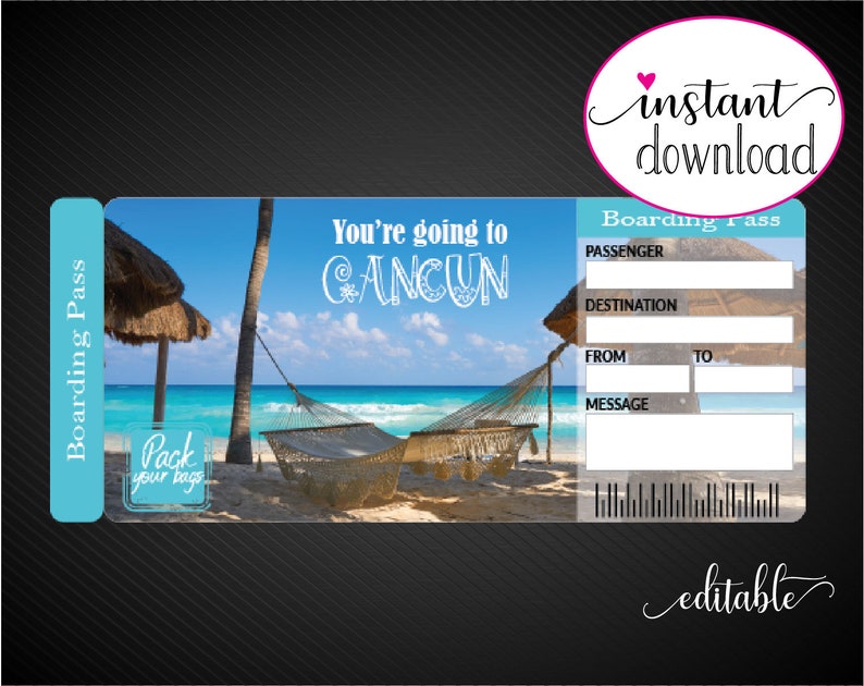 Printable CANCUN Surprise Trip Gift Ticket. Boarding Pass. Etsy