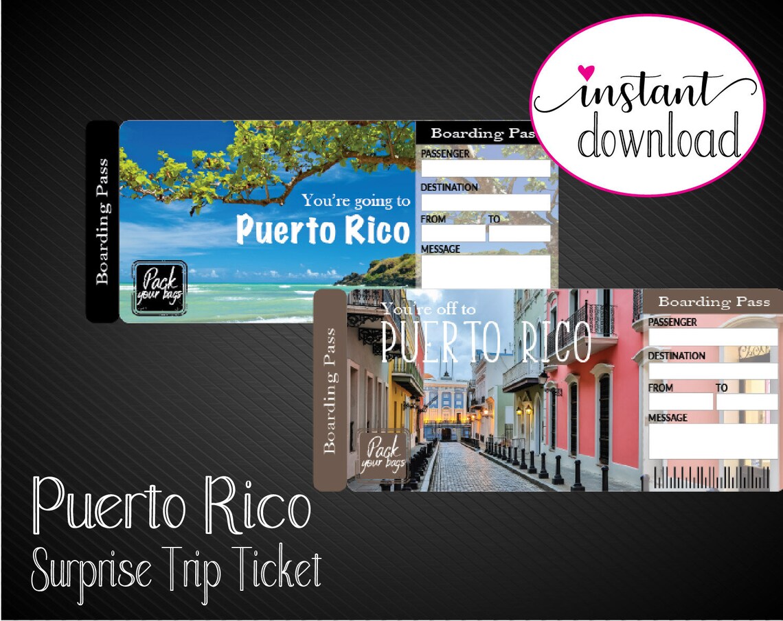 Printable PUERTO RICO Surprise Trip Gift Ticket. Boarding Etsy