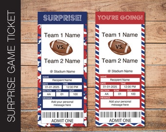 Editable NEW ENGLAND Colors Football Game Gift Reveal Ticket.  Editable Instant Download. Blue and Red Ticket.