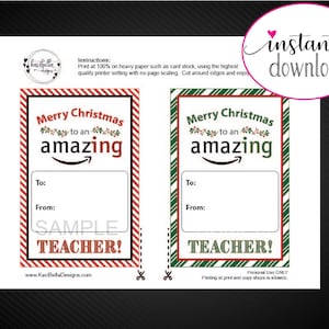Printable CHRISTMAS Teacher Amazon Gift Card Holder Merry Christmas to