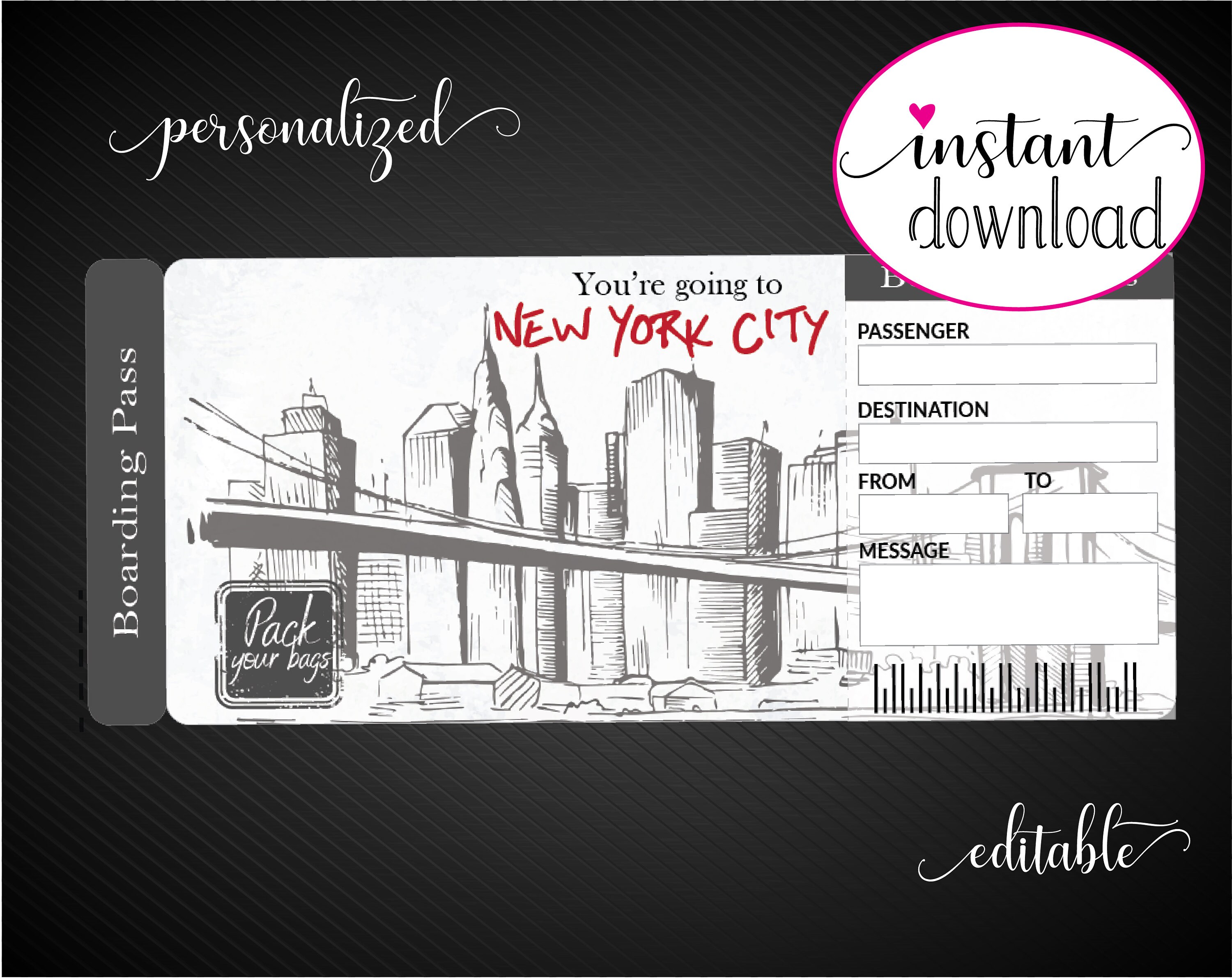 Printable NEW YORK Surprise Trip Gift Ticket. Boarding Pass. Etsy Ireland