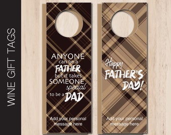 Printable Father's Day Wine Gift Tag.  Editable Double-sided Wine Bottle Label. Brown Plaid. Instant Download PDF File