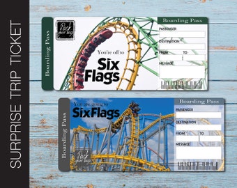 Printable SIX FLAGS Surprise Gift Ticket. Boarding Pass. Trip Ticket. Admission Ticket. Instant Download. Editable PDF File.