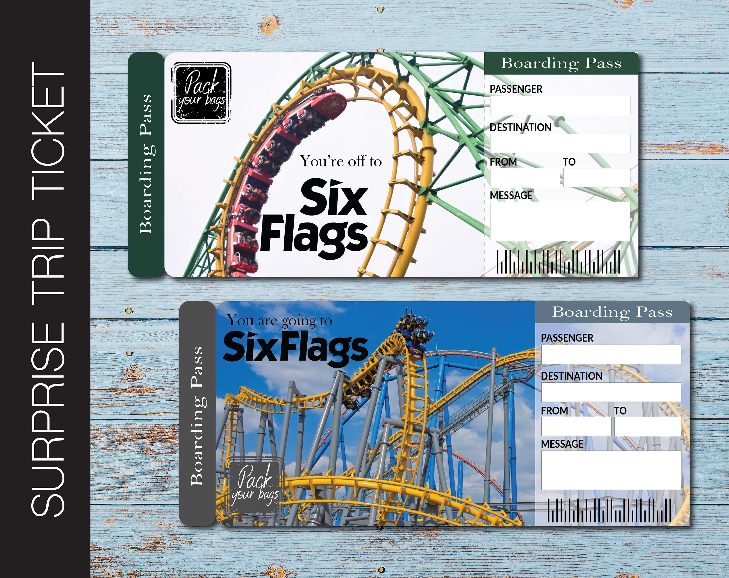 Printable SIX FLAGS Surprise Gift Ticket. Boarding Pass. Trip Etsy