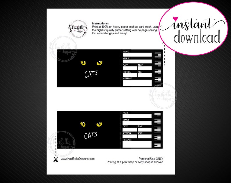 Cat Ticket Example Printable CATS Broadway Surprise Ticket. Editable Musical Theatre Faux ...