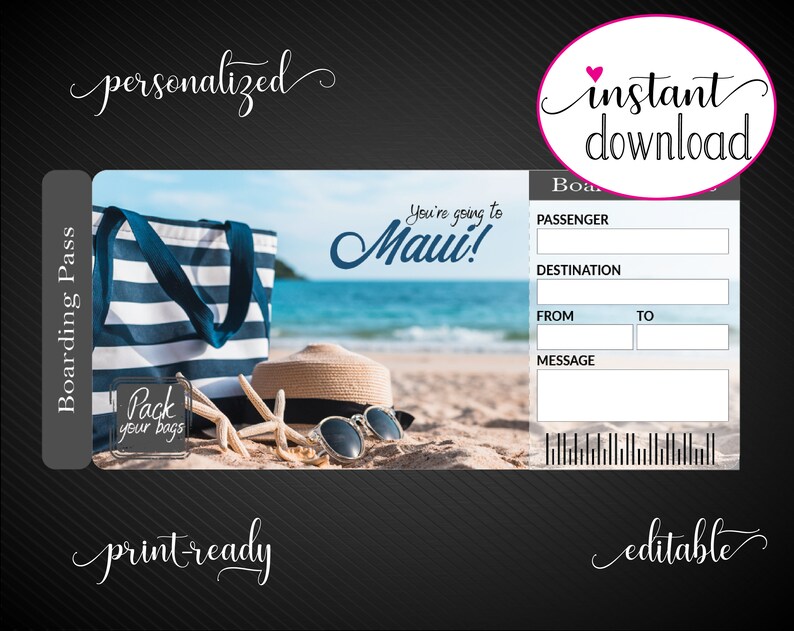 printable maui surprise trip gift ticket boarding pass