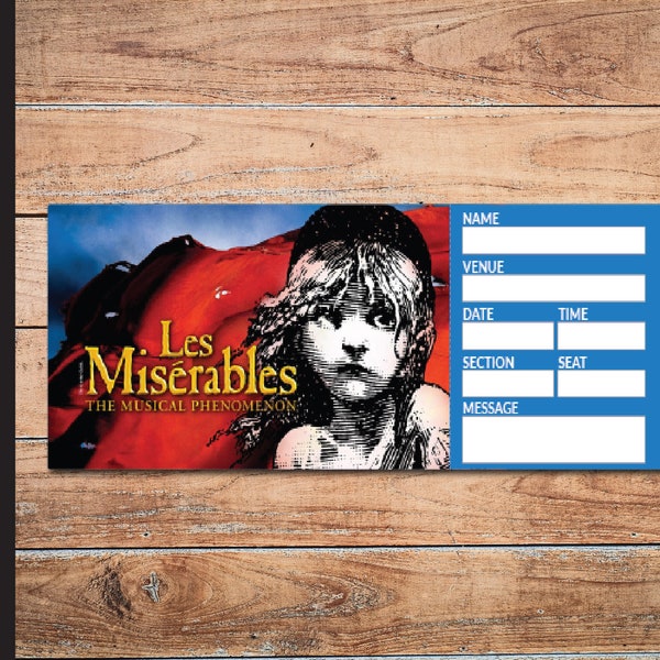 Printable LES MISERABLES Broadway Surprise Ticket. Editable Musical Theatre Faux Event Admission Souvenir Keepsake. PDF Instant Download