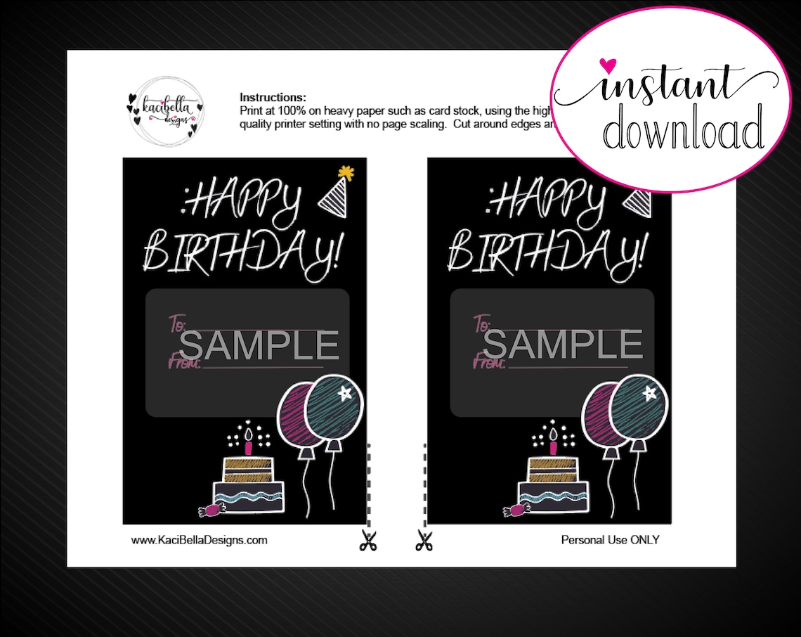 Printable BIRTHDAY Gift Card Holder. Personalized Chalkboard - Etsy