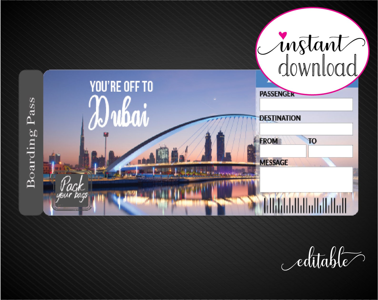 Printable DUBAI Surprise Trip Gift Ticket. Boarding Pass. Etsy