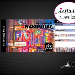 Puede incluir: Una tarjeta de embarque imprimible con una foto de una escena callejera en Nashville, Tennessee. El texto en la tarjeta dice "You're going to Nashville!" y "Pack your bags".