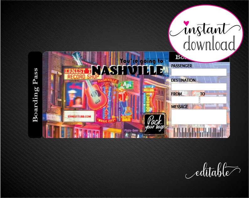 Printable NASHVILLE Surprise Trip Gift Ticket. Boarding Pass. Etsy