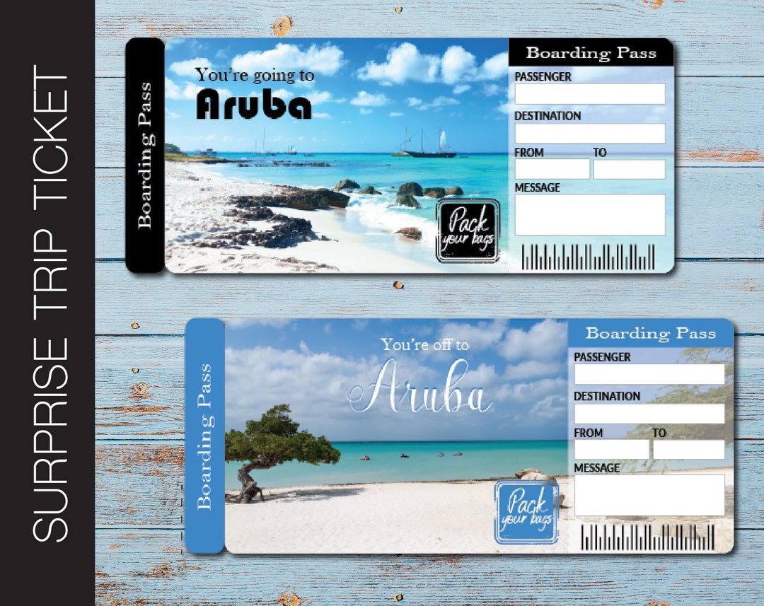Printable ARUBA Surprise Trip Gift Ticket. Boarding Pass. Ticket. Trip