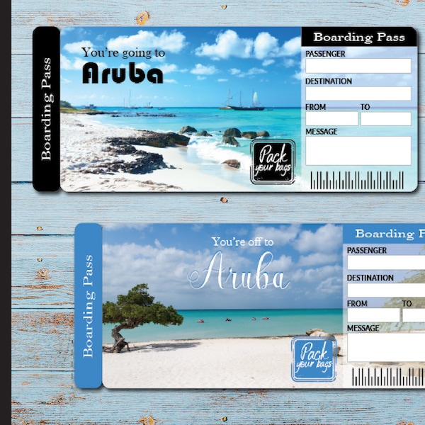 Printable ARUBA Surprise Trip Gift Ticket. Boarding Pass. Ticket. Trip Ticket. Vacation Ticket. Instant Download. Editable PDF File.