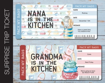 Printable Surprise Grandma Trip Ticket. Nana Memaw Nonna Bubbe Glamma Abuela Baking Cooking Vacation Ticket. Instant Download