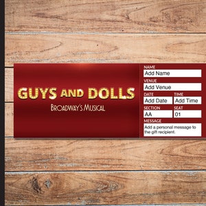 Printable GUYS and DOLLS Broadway Surprise Ticket. Editable Musical Theatre Faux Event Admission Souvenir Keepsake. PDF Instant Download.