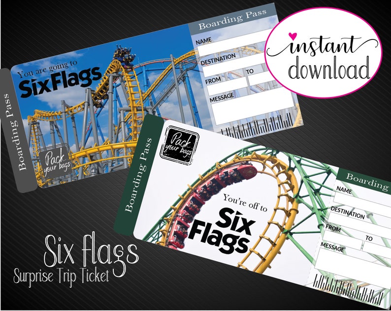 printable six flags surprise gift ticket boarding pass trip etsy
