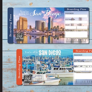 Printable SAN DIEGO Surprise Trip Gift Ticket. Boarding Pass. Printable Ticket. Trip Ticket. Vacation Ticket. PDF Instant Download