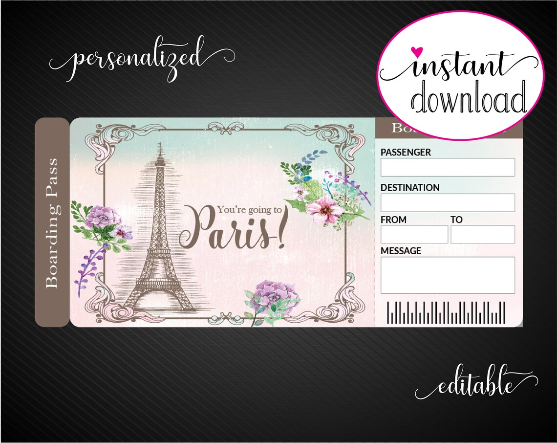 Printable PARIS Surprise Trip Gift Ticket. Boarding Pass. | Etsy