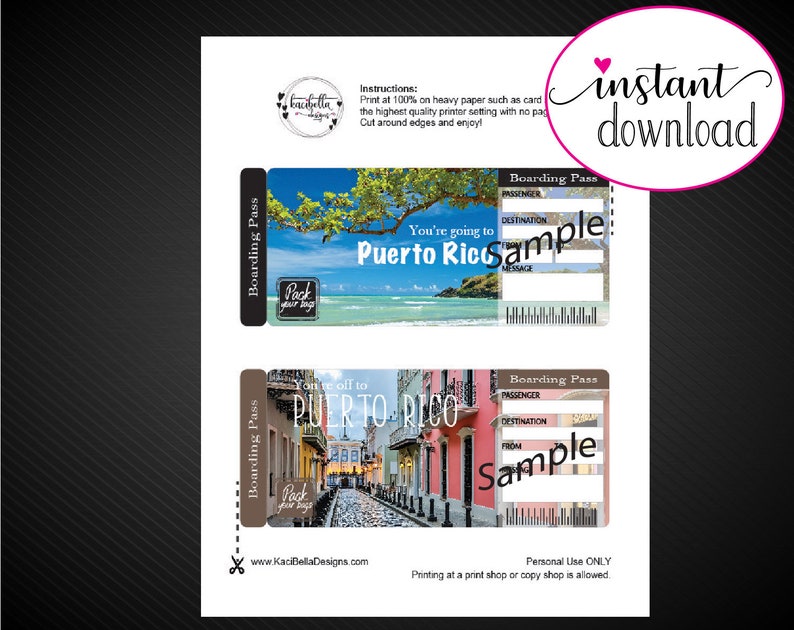 Printable PUERTO RICO Surprise Trip Gift Ticket. Boarding Etsy