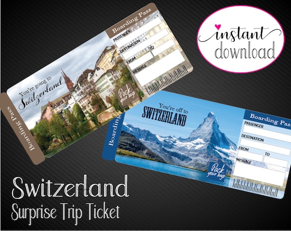 Printable SWITZERLAND Surprise Trip Gift Ticket. Boarding Pass