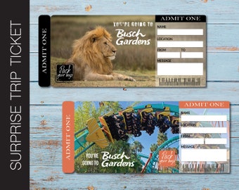 Printable BUSCH GARDENS Surprise Trip Tickets. Vacation Ticket.  Mock Boarding Pass / Admission Ticket.