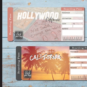 Printable CALIFORNIA Surprise Trip Gift Ticket. Boarding Pass. Printable Ticket. Trip Ticket. Vacation Ticket. Editable PDF Instant Download