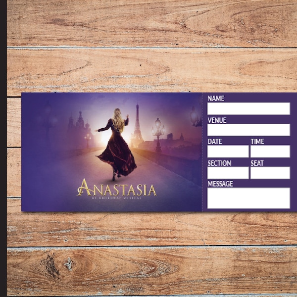 Printable ANASTASIA Broadway Surprise Ticket. Editable Musical Theatre Faux Event Admission Souvenir Keepsake. PdF Instant Digital Download.