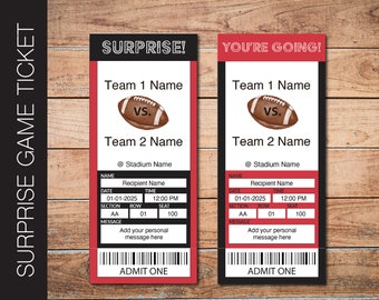 Editable ATLANTA Colors Football Game Gift Reveal Ticket.  Editable Instant Download. Red Black White Ticket