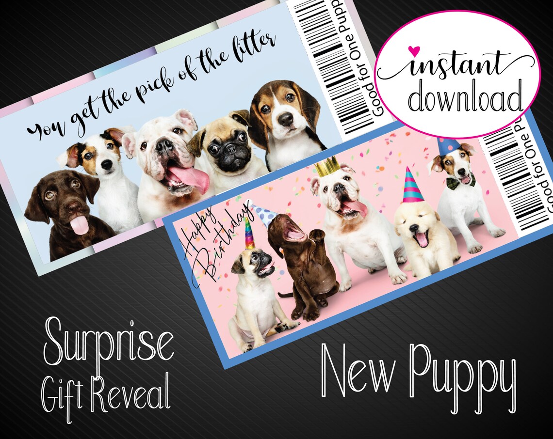 Printable NEW PUPPY / DOG Surprise Gift Reveal Coupon. Instant Etsy