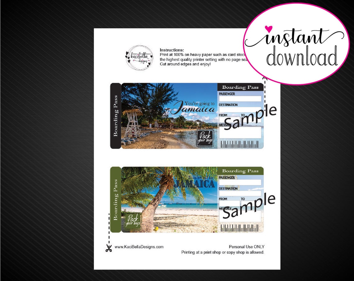 Printable JAMAICA Surprise Trip Gift Ticket. Boarding Pass. Etsy