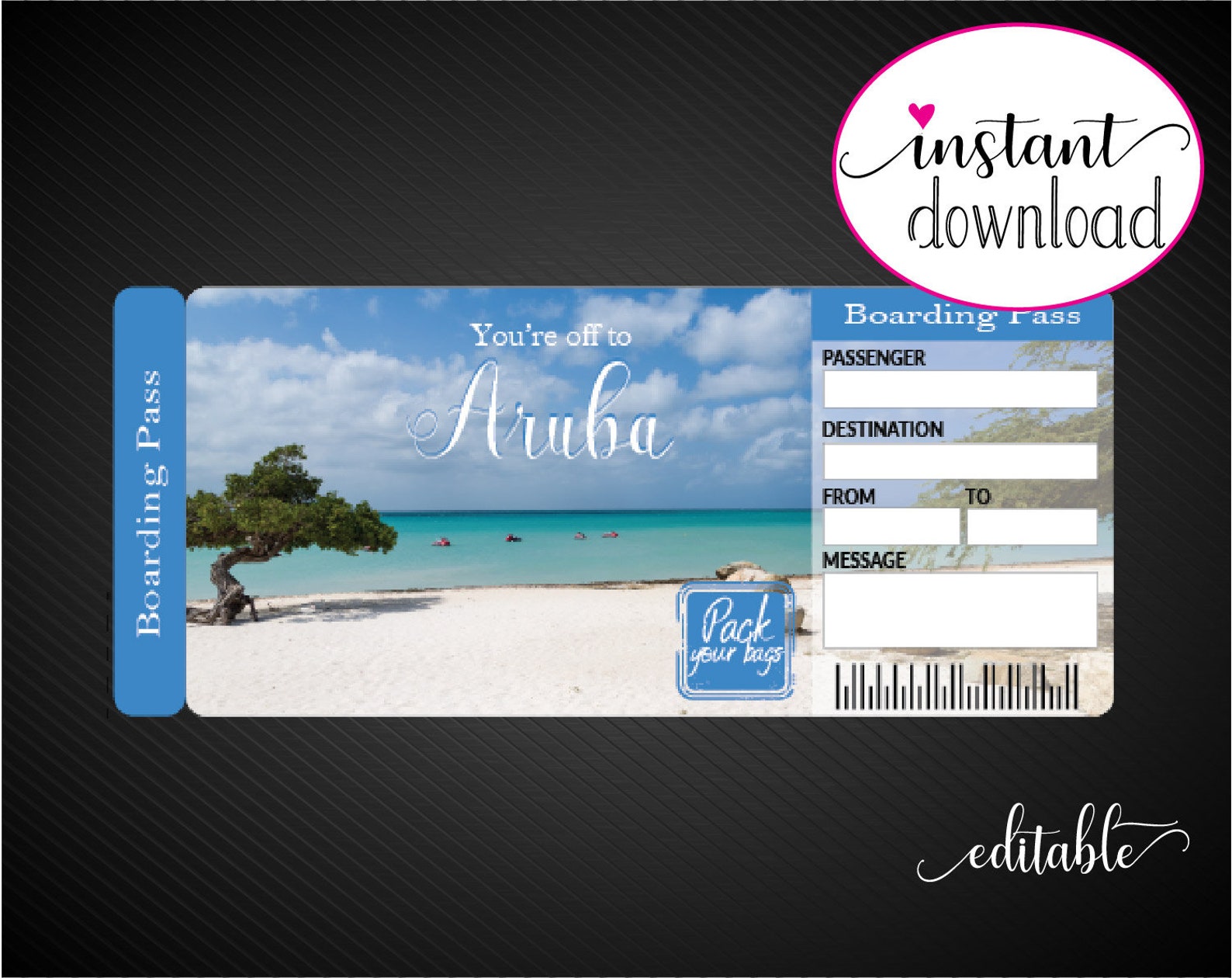 Printable ARUBA Surprise Trip Gift Ticket. Boarding Pass. Etsy