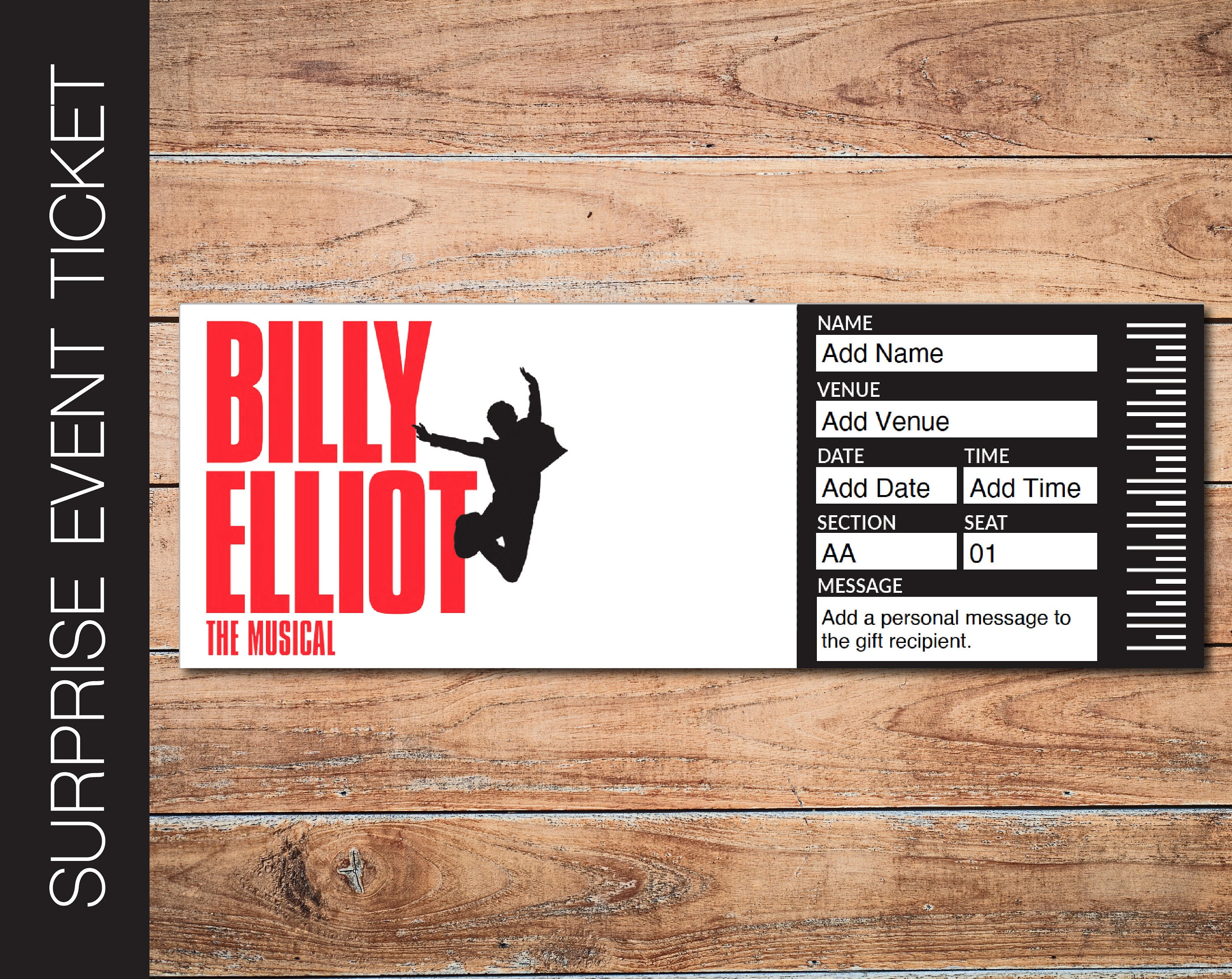 Printable BILLY ELLIOT Broadway Surprise Ticket. Editable Musical
