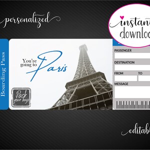 Printable PARIS Surprise Trip Gift Ticket. Boarding Pass. Printable Ticket. Trip Ticket ...